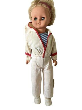 Vintage Blonde Doll With Blue Eyes White Jumpsuit & Red Trim 18 Inches Tall